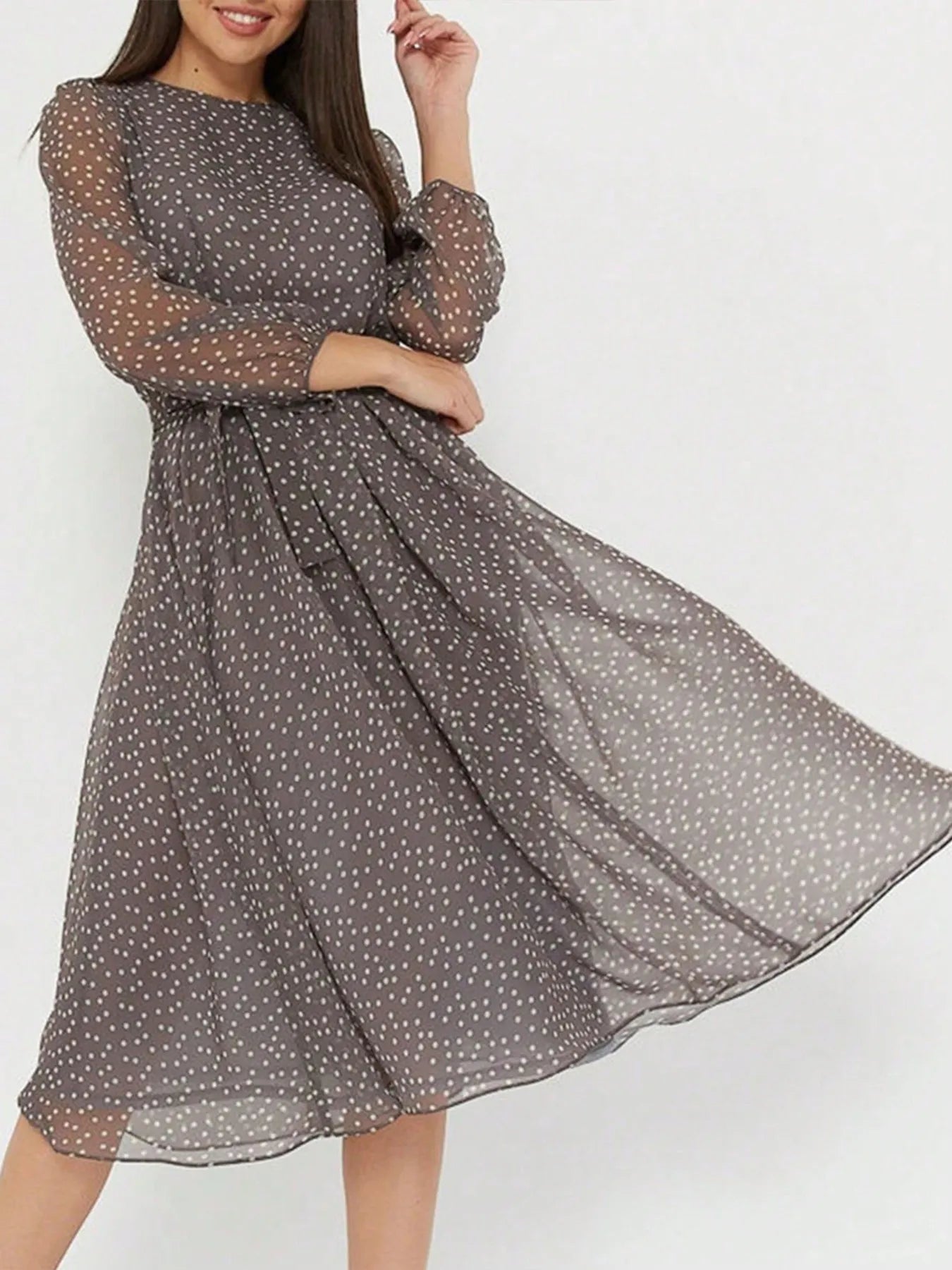 Image of Printed Round Neck Long Sleeve Midi Dress | Queeble.shop