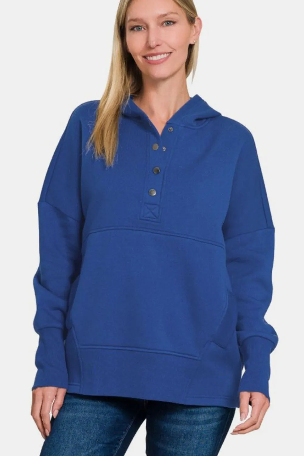 Image of Zenana Half Snap Long Sleeve Hoodie with Kangaroo Pocket | Queeble.shop