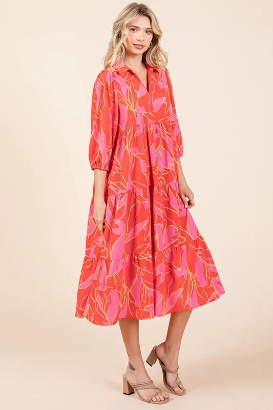 Image of Mittoshop Tiered Printed Collared Neck Midi Dress | Queeble.shop
