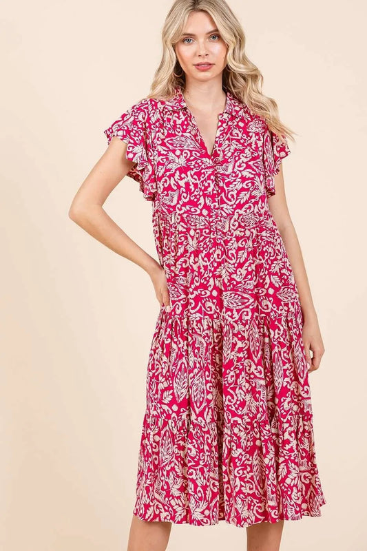 Image of Mittoshop Abstract Print Ruffle Tier Midi Dress | Queeble.shop