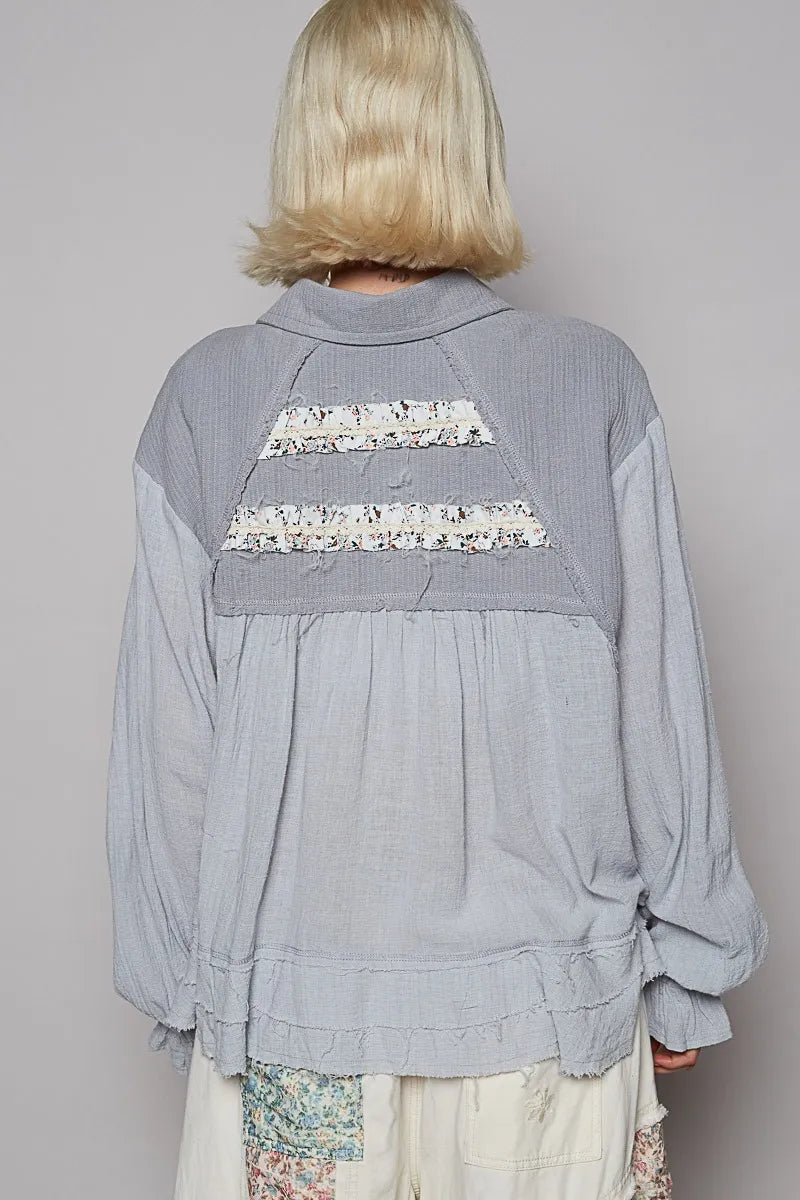 Image of POL Button Down Floral Trim Ruffle Washed Shacket | Queeble.shop