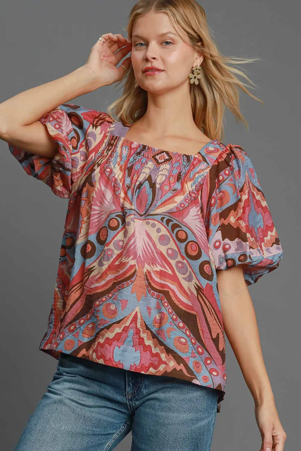 Image of Umgee Full Size Abstract Print Smocked Square Neck Puff Sleeve Blouse | Queeble.shop