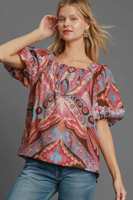 Image of Umgee Full Size Abstract Print Smocked Square Neck Puff Sleeve Blouse | Queeble.shop