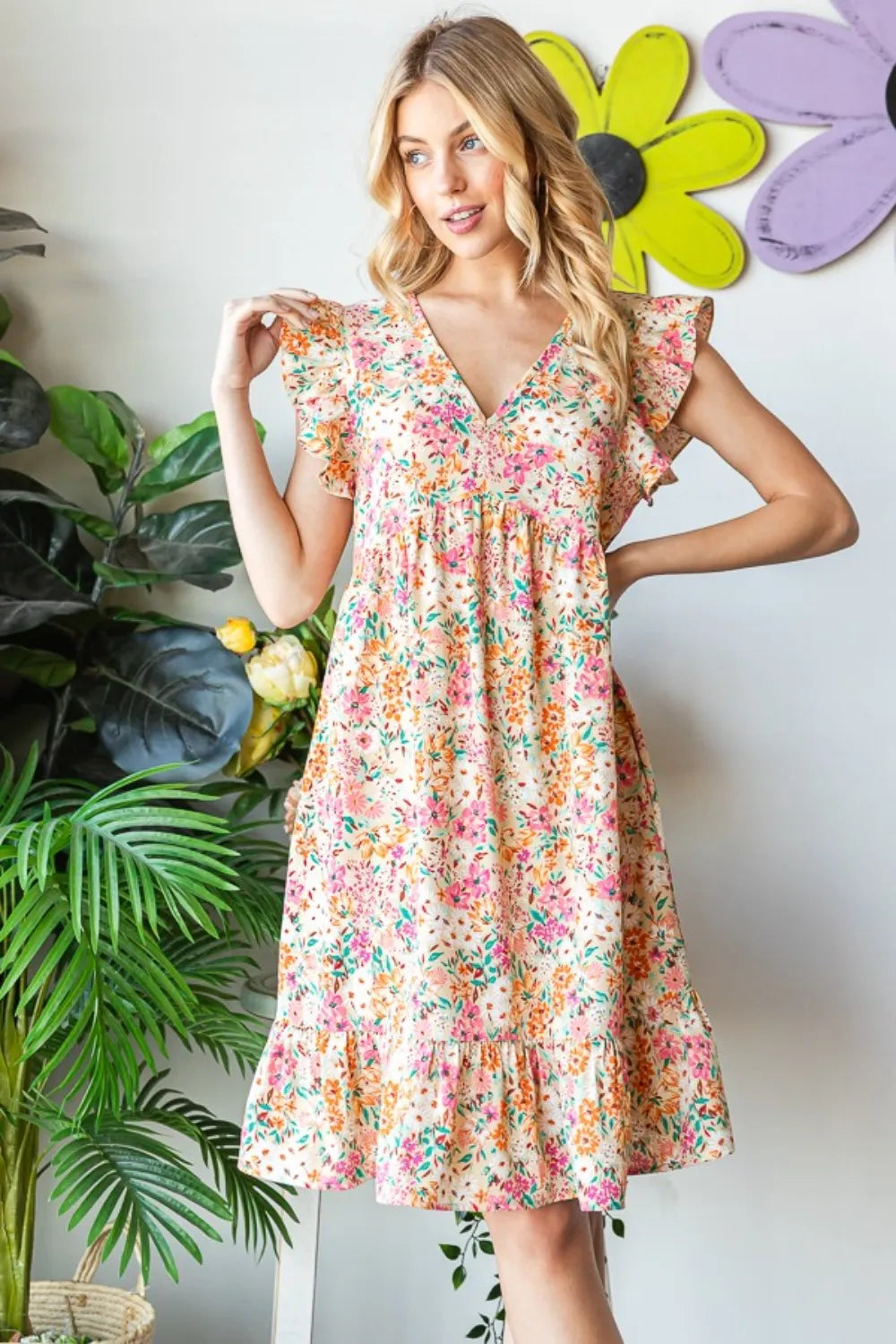 Image of Heimish Full Size Floral Ruffled V-Neck Dress | Queeble.shop