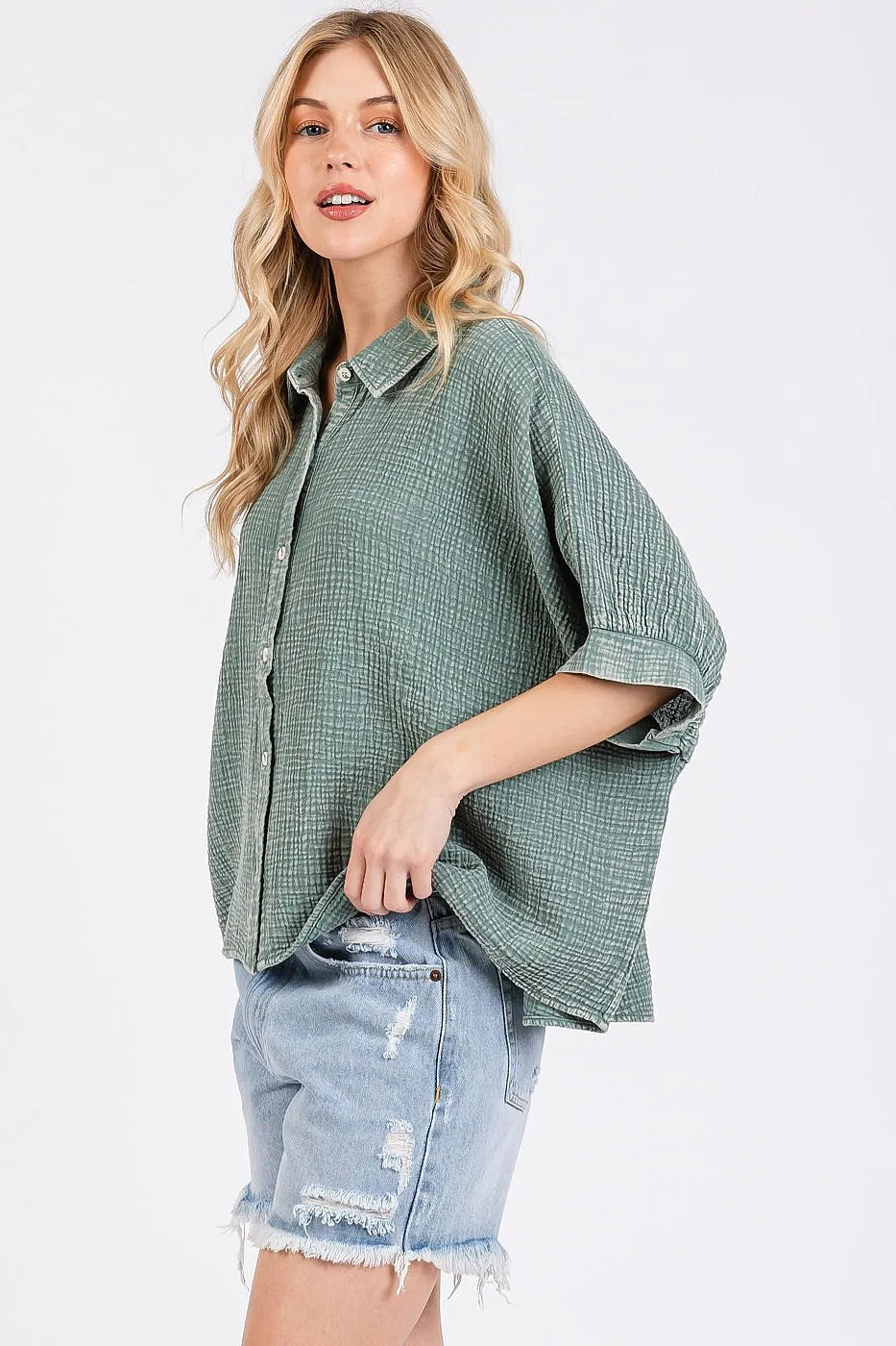 Image of Mittoshop Mineral Wash Gauze Dolman Sleeve Button Down Shirt | Queeble.shop