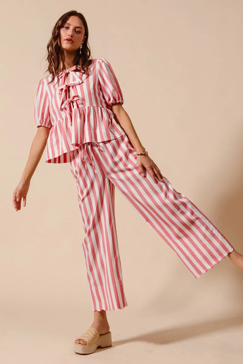 Image of SO ME Front Tie Stripe Top With Puff Sleeves and Wide Leg Pants Set | Queeble.shop