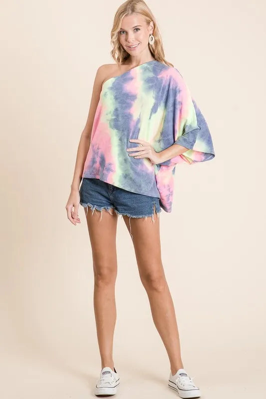 Image of BiBi Tie Dye French Terry One Shoulder Top with Dolman | Queeble.shop