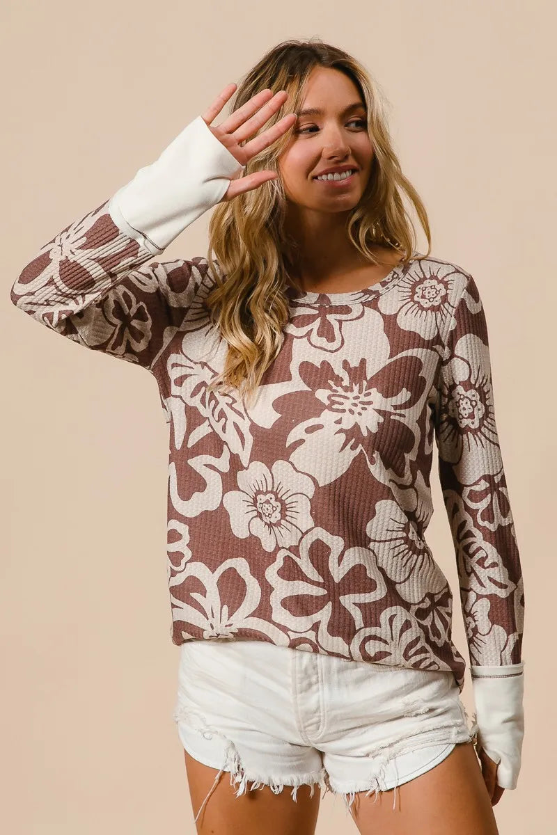 Image of BiBi Flower Printed Waffle Thumb Opening Top | Queeble.shop