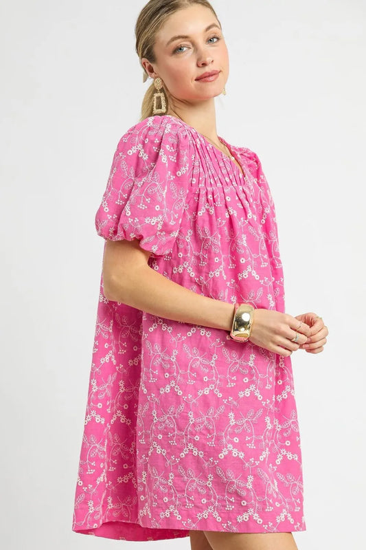 Image of Umgee Floral Puff Sleeve V-Neck Mini Dress | Queeble.shop
