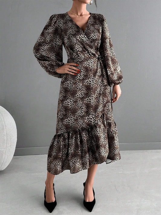 Image of Leopard Print Long Sleeve Dress with Ruffle Hem | Queeble.shop