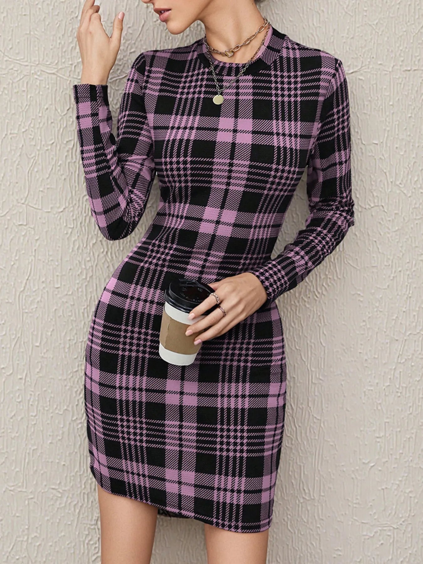 Image of Long Sleeve Plaid Bodycon Mini Dress | Queeble.shop