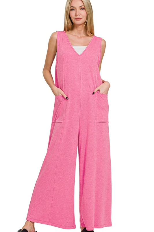 Image of Zenana French Terry Deep V Neck Jumpsuits | Queeble.shop