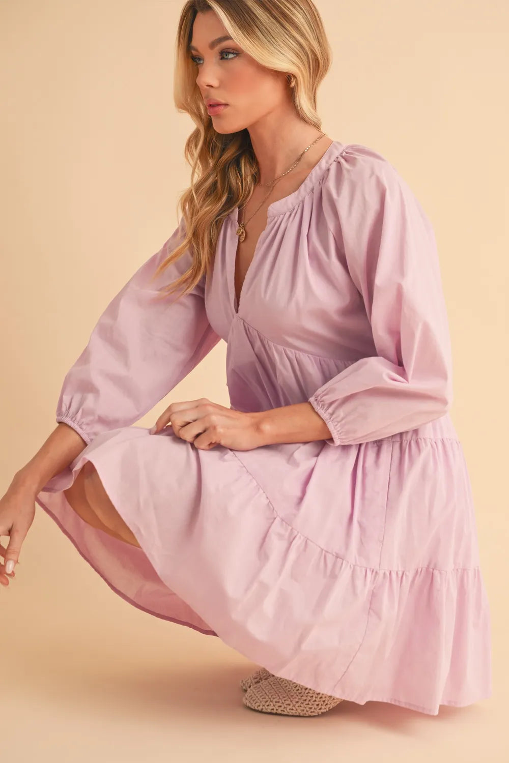 Image of Aemi + Co Notched Balloon Sleeve Tiered Mini Dress | Queeble.shop