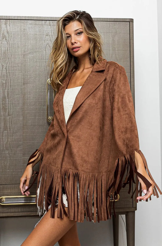 Image of BiBi Suede Single Blazer with Fringed Hem | Queeble.shop