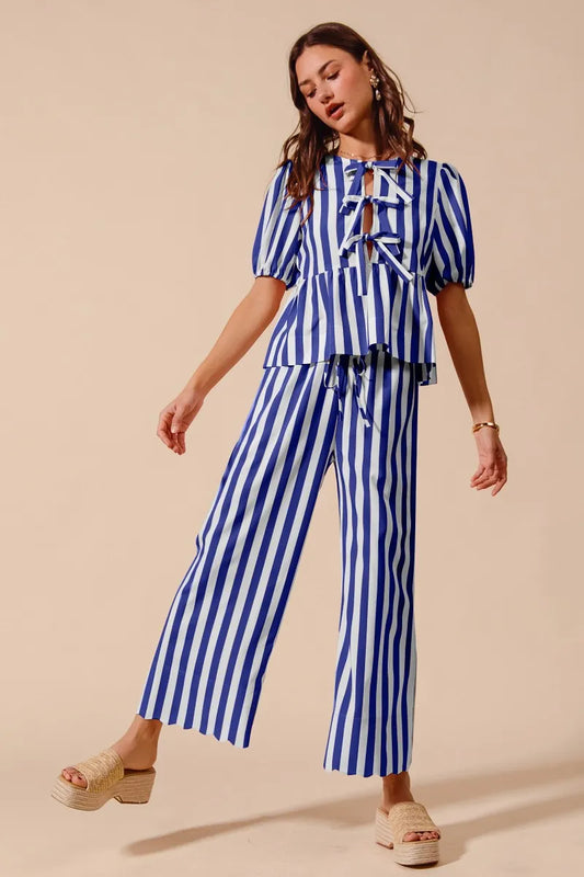 Image of SO ME Front Tie Stripe Puff Sleeves Top and Wide Leg Pants Set | Queeble.shop