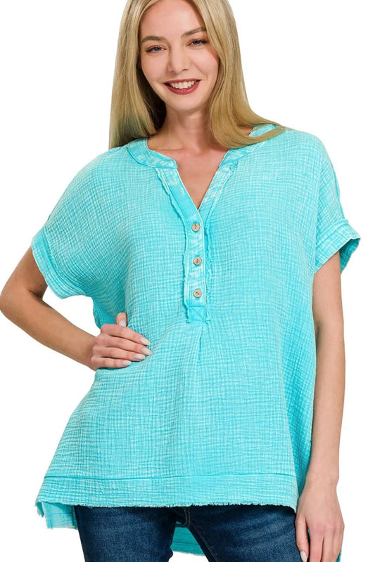 Image of Zenana Washed Double Gauze 3/4 Button Henley Neck Shirt | Queeble.shop