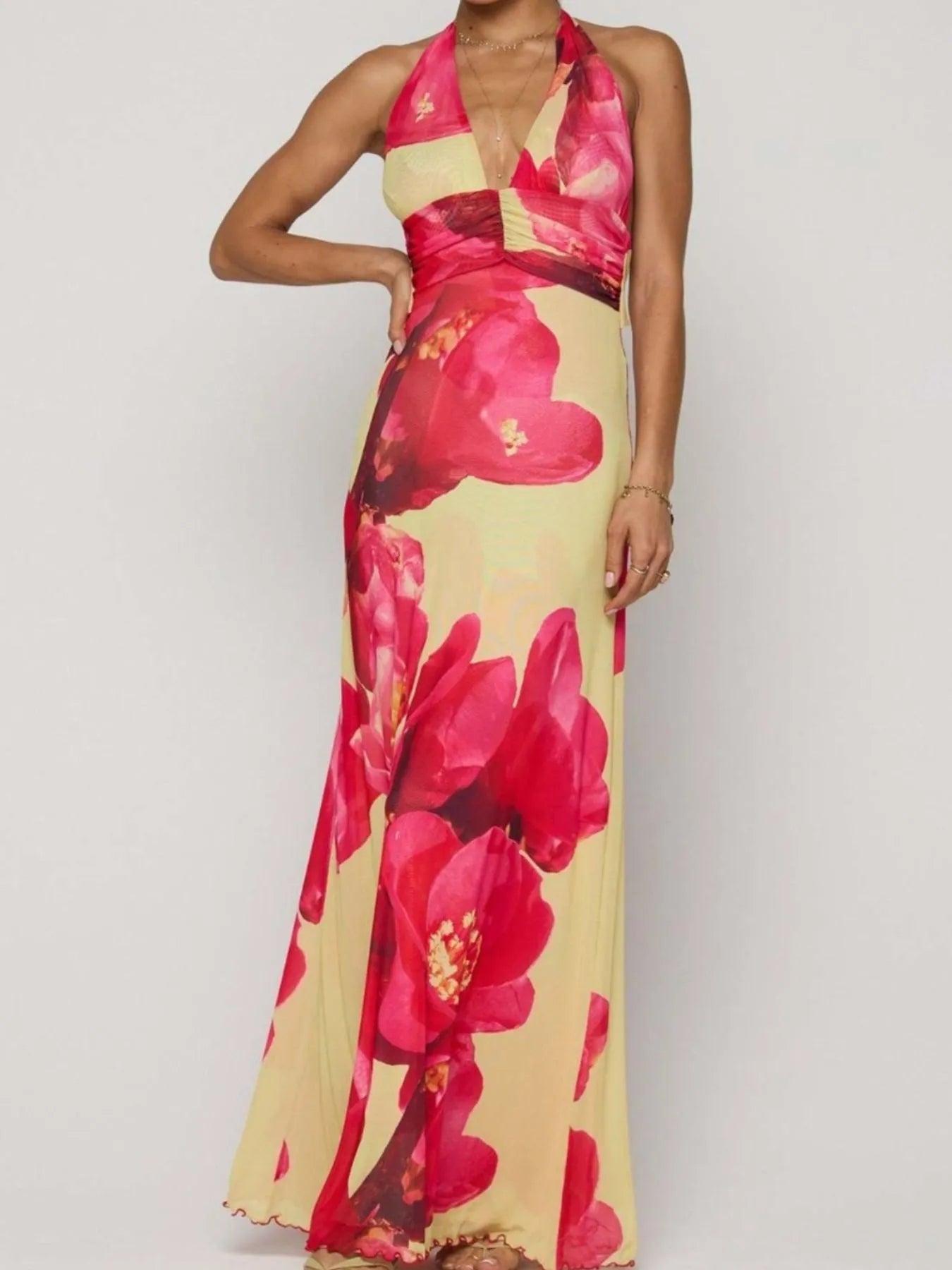 Image of Floral Halter Neck Deep V Maxi Dress | Queeble.shop
