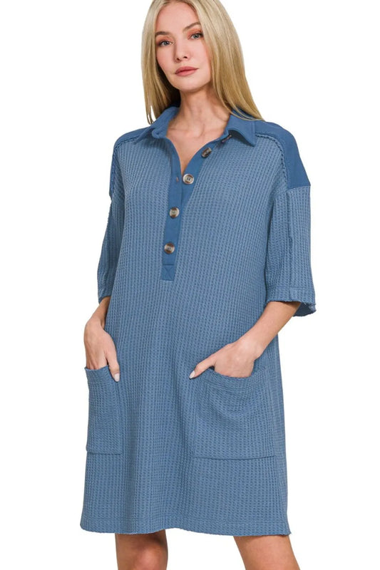 Image of Zenana Waffle Half-Button Dress with Pocket | Queeble.shop