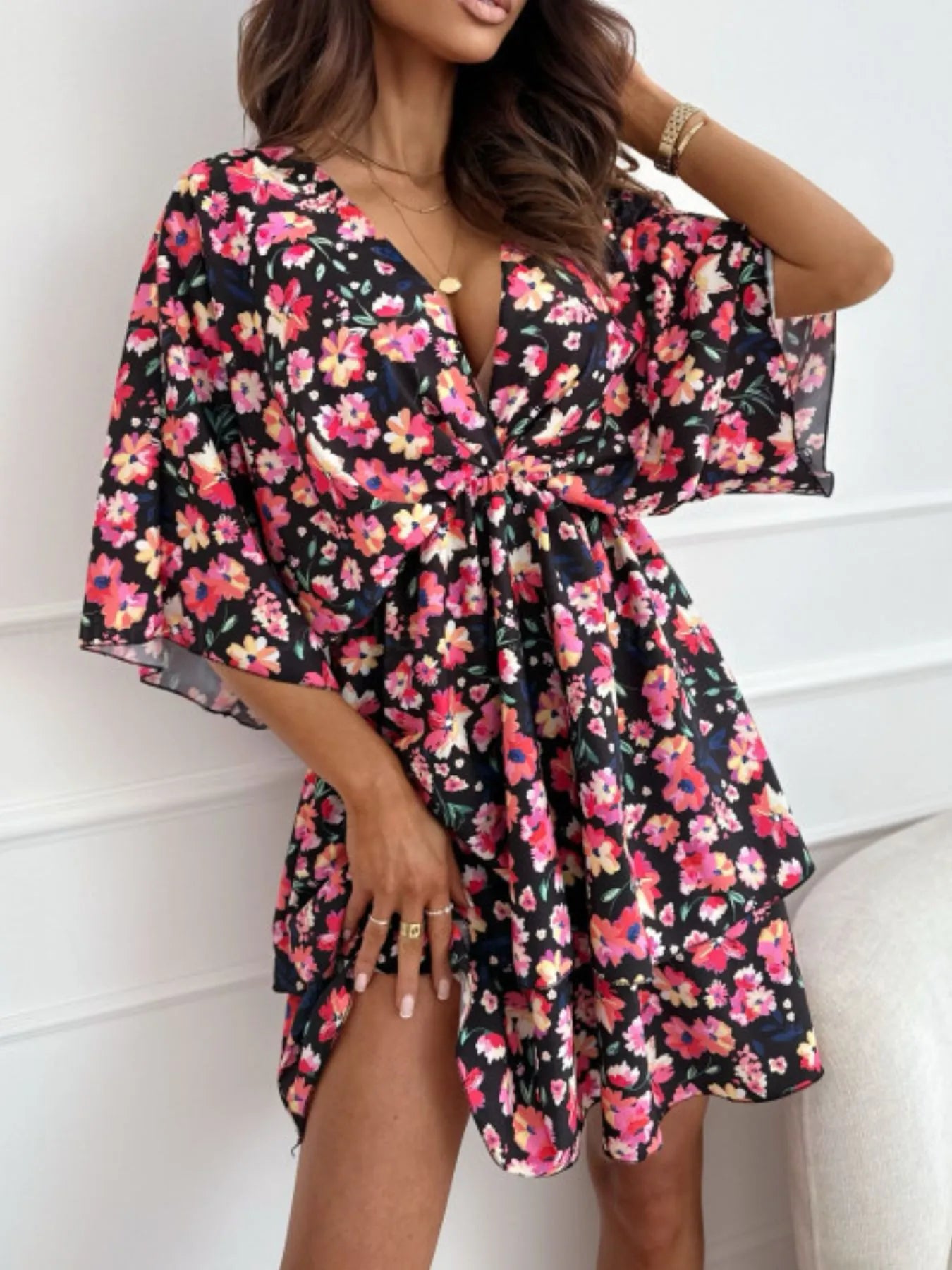 Image of Floral Print V-Neck Ruffle Mini Dress | Queeble.shop