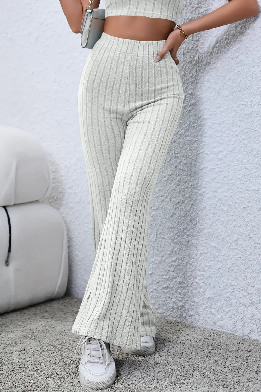 Image of Basic Bae Full Size Ribbed High Waist Flare Pants | Queeble.shop