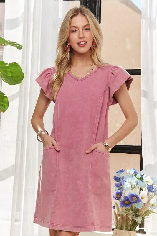Image of ADORA Mineral Washed V-Neck Ruffled Cap Sleeve Dress | Queeble.shop
