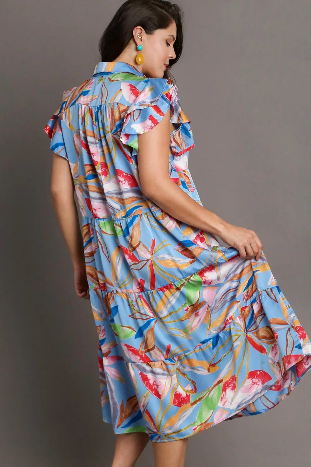 Image of Umgee Full Size Leaf Print Double Layered Ruffle Sleeve Tiered Midi Dress Plus Size | Queeble.shop