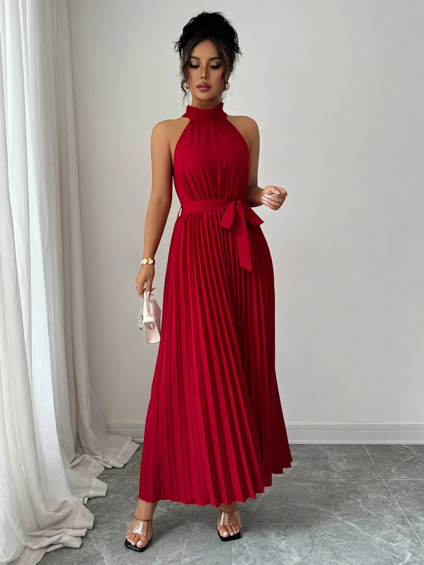 Image of Pleated Halter Neck Tie Waist Maxi Dress | Queeble.shop