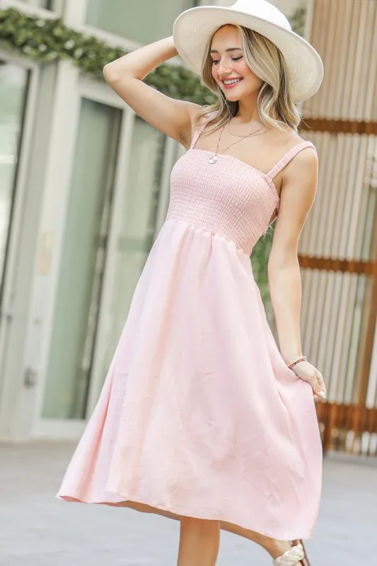 Image of And The Why Smocking Open-Back Sleeveless Midi Dress | Queeble.shop