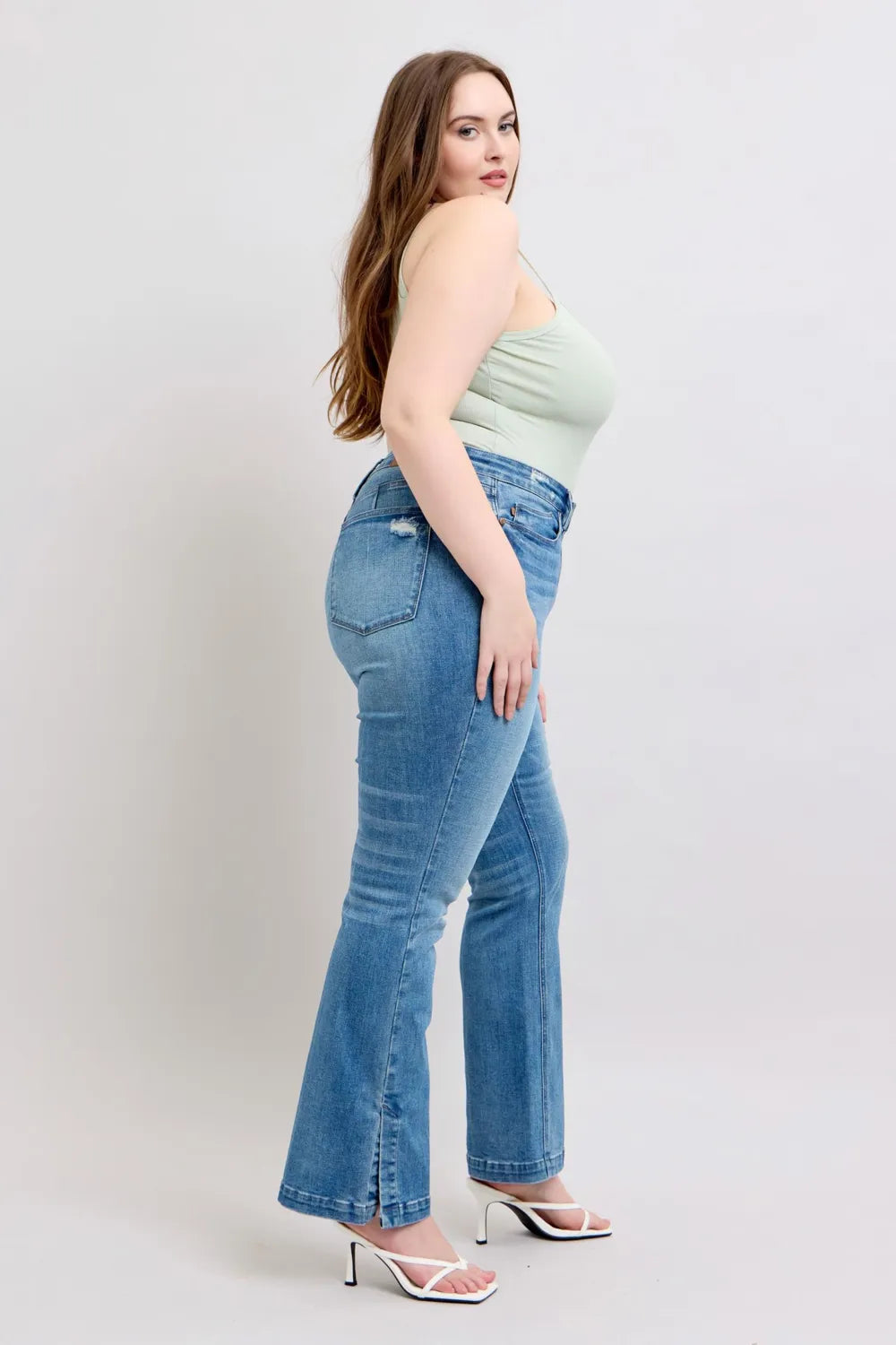 Image of Judy Blue HW Tummy Control Vintage Wash Side Slit Slim Boot Jeans | Queeble.shop
