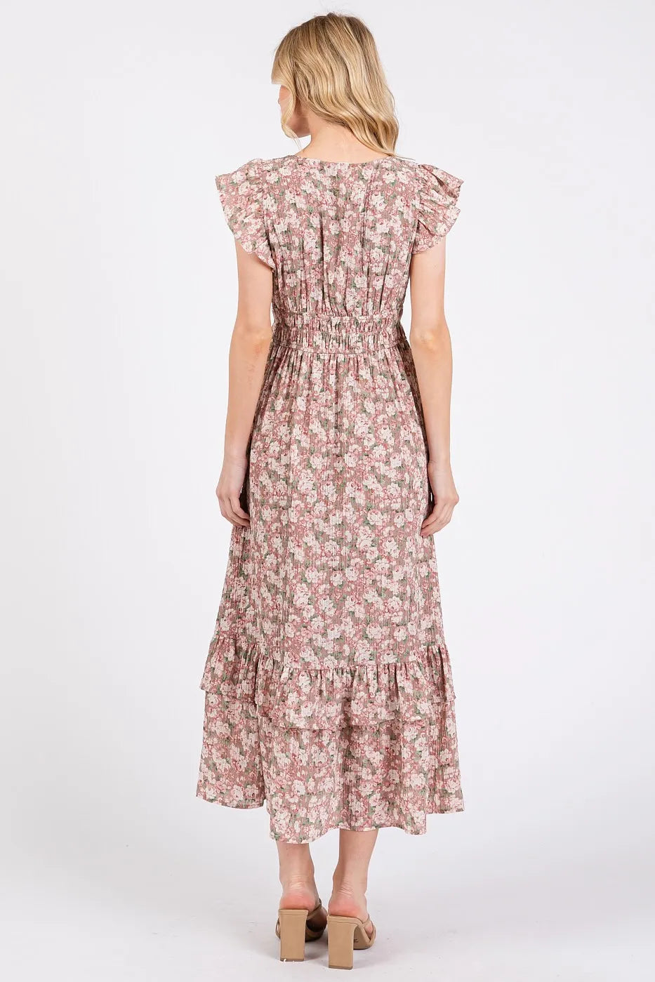 Image of Mittoshop Flower Print Ruffle Cap Sleeve V-neck Midi Dress | Queeble.shop