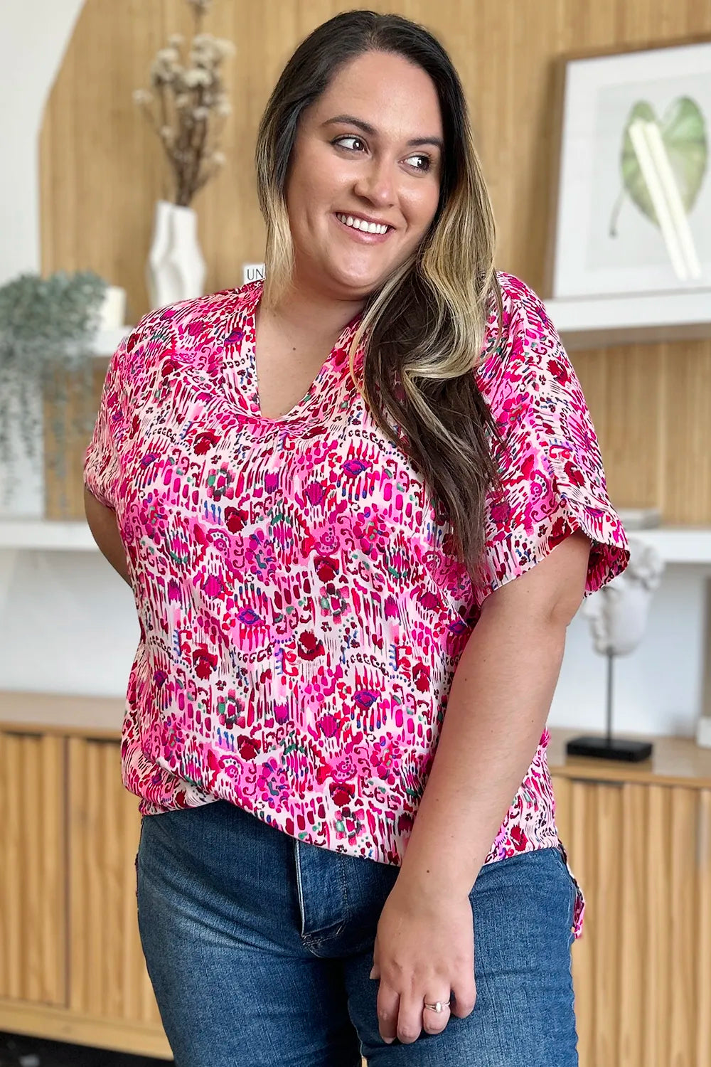 Image of Double Take Full Size Printed V-Neck Short Sleeve Blouse | Queeble.shop