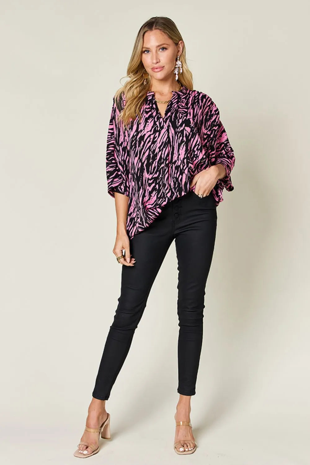 Image of Double Take Full Size Printed Notched Three-Quarter Sleeve Blouse | Queeble.shop