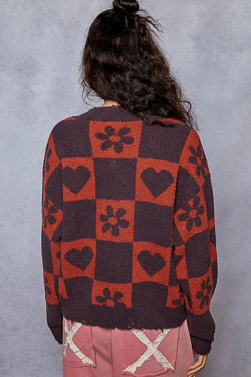 Image of POL V-Neck Heart Pattern Checkered Sweater | Queeble.shop