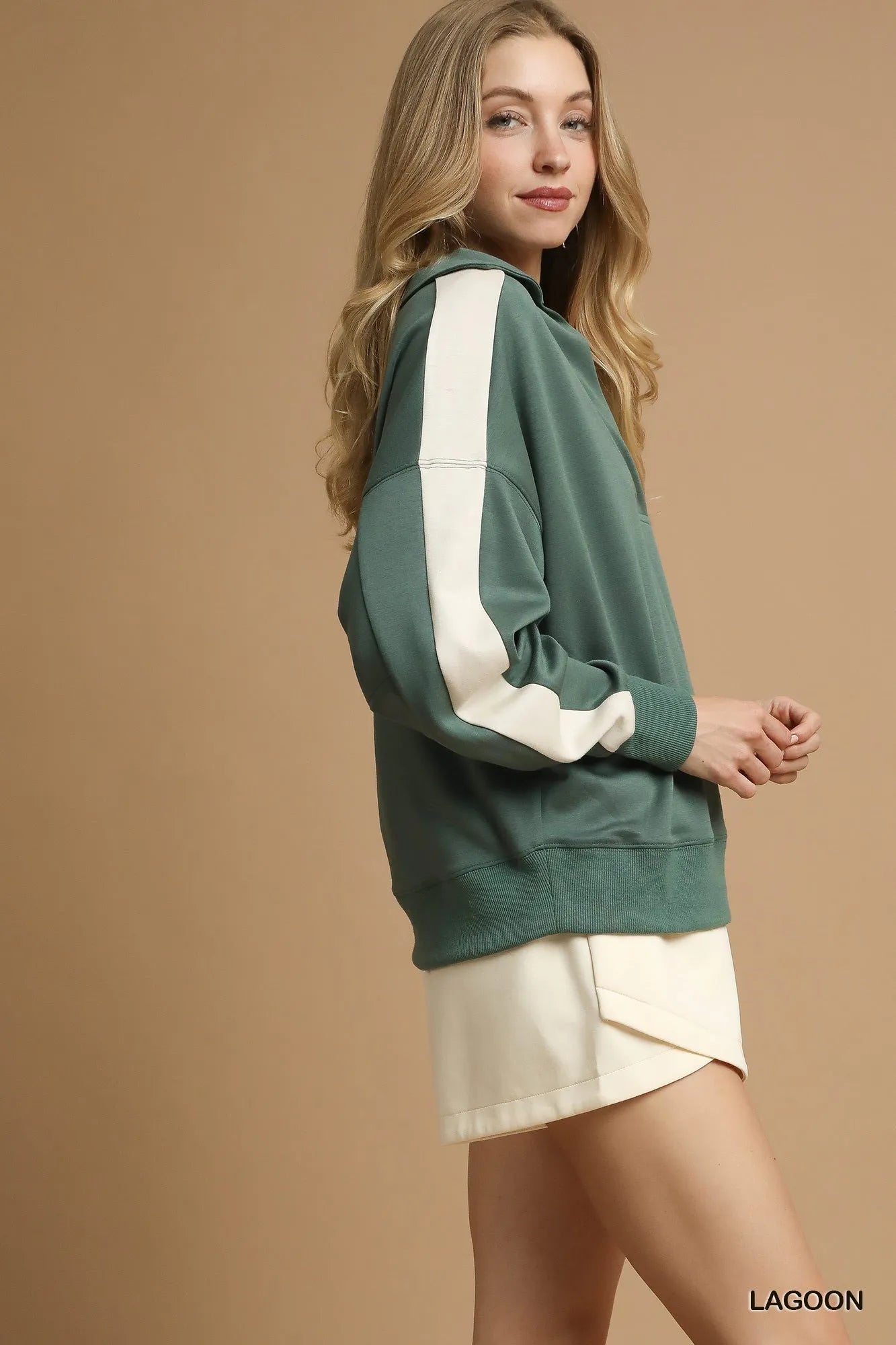 Image of Umgee Contrast Long Sleeve Sweatshirt with Collar | Queeble.shop