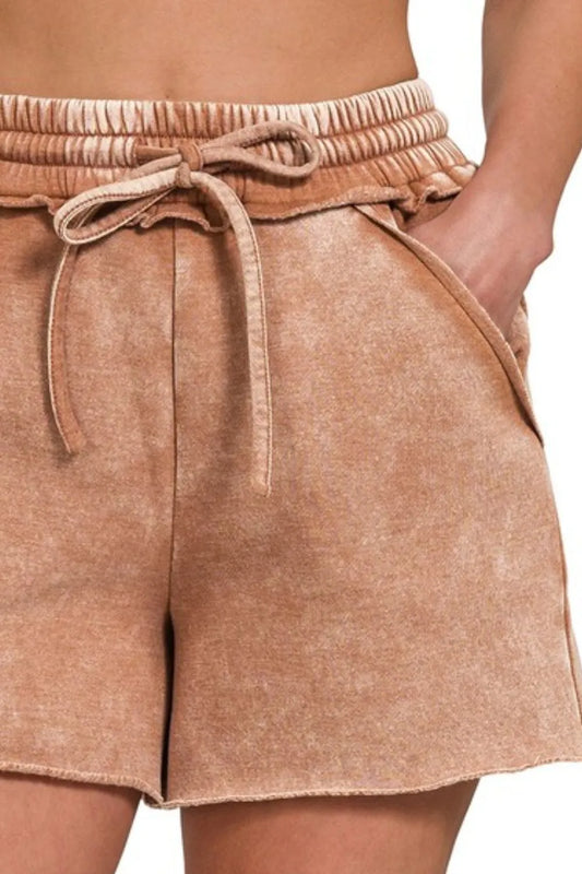 Image of Zenana Acid Wash Fleece Drawstring Shorts With Pockets | Queeble.shop