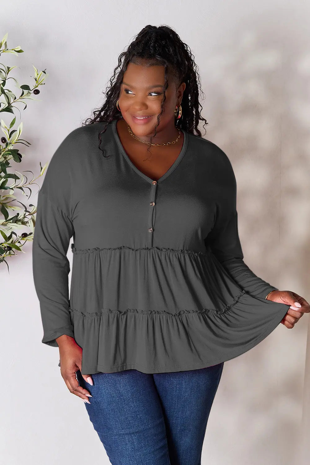 Image of Double Take Half Button Long Sleeve Ruffle Hem Blouse | Queeble.shop