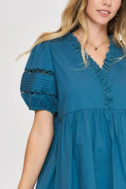 Image of Umgee USA Full Size Lace Detail Puff Sleeve Mini Dress Plus Size | Queeble.shop