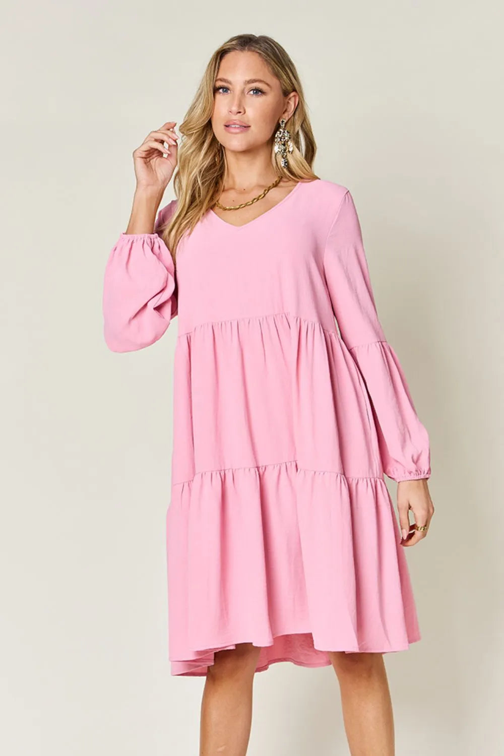 Image of Double Take Full Size V-Neck Balloon Sleeve Tiered Dress with Pockets | Queeble.shop