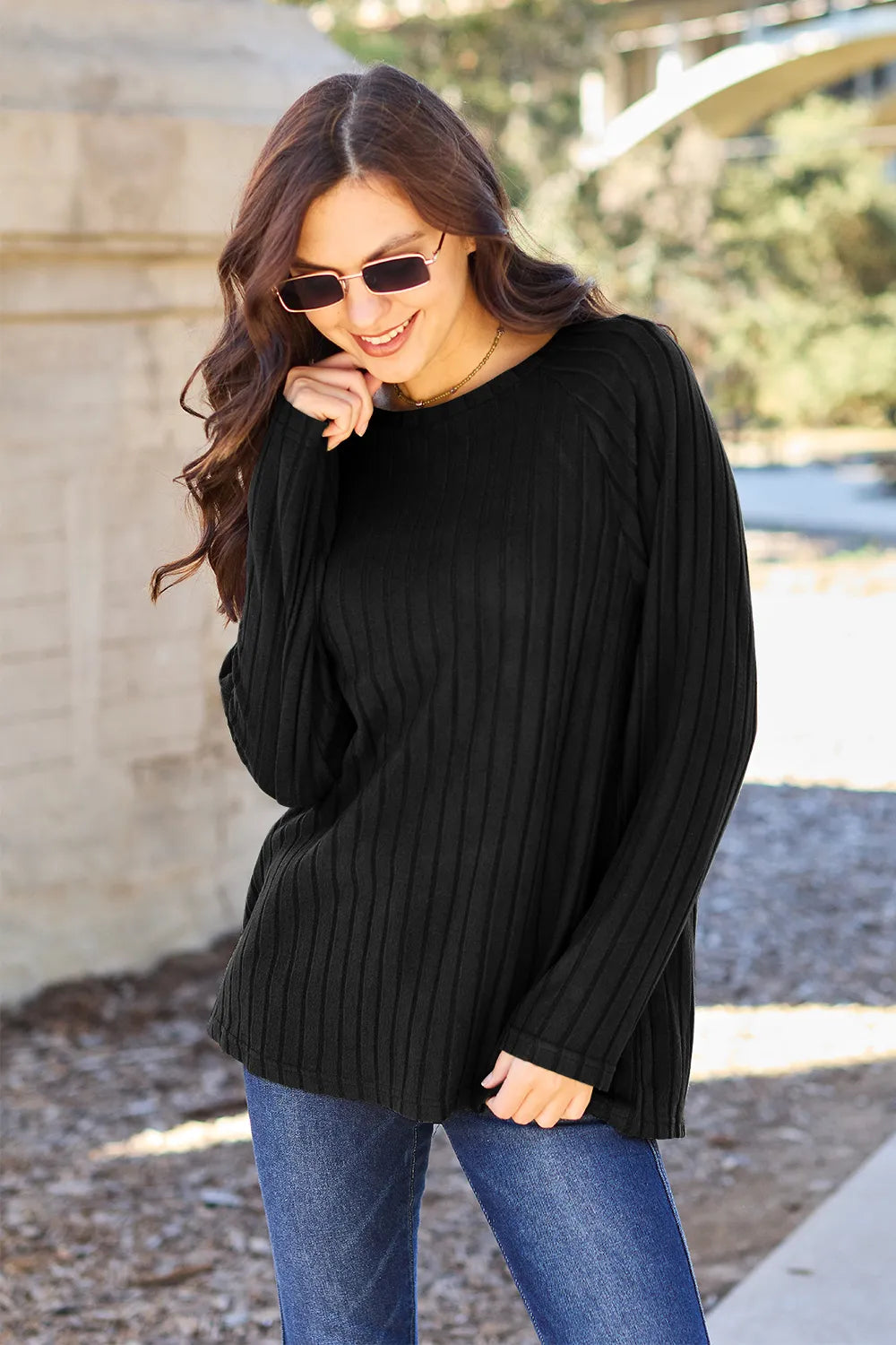 Image of Basic Bae Full Size Ribbed Round Neck Long Sleeve Knit Top | Queeble.shop