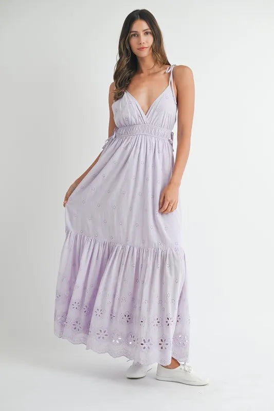 Image of MABLE Eyelet Lace Maxi Dress With Side Strap Details | Queeble.shop