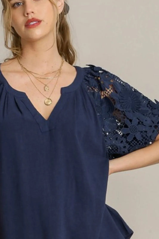 Image of Umgee Full Size French Terry Boxy Cut Top with 3D Floral Sleeve Plus Size | Queeble.shop