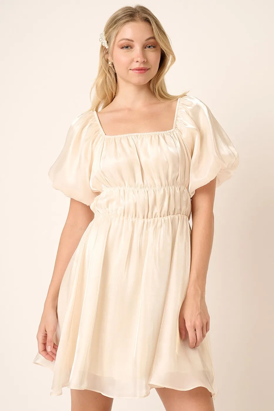 Image of Mittoshop Metallic Organza Fabric Balloon Sleeve Mini Dress | Queeble.shop
