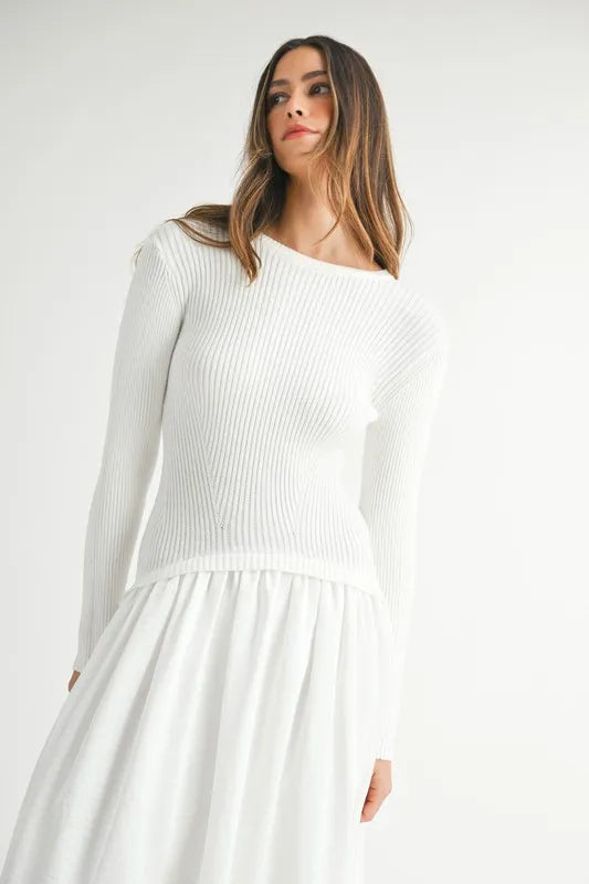Image of MABLE Ribbed Poplin Mix Midi Sweater Dress | Queeble.shop