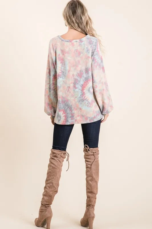 Image of BiBi Brushed Tie Dye Print Top with Puff Sleeves | Queeble.shop