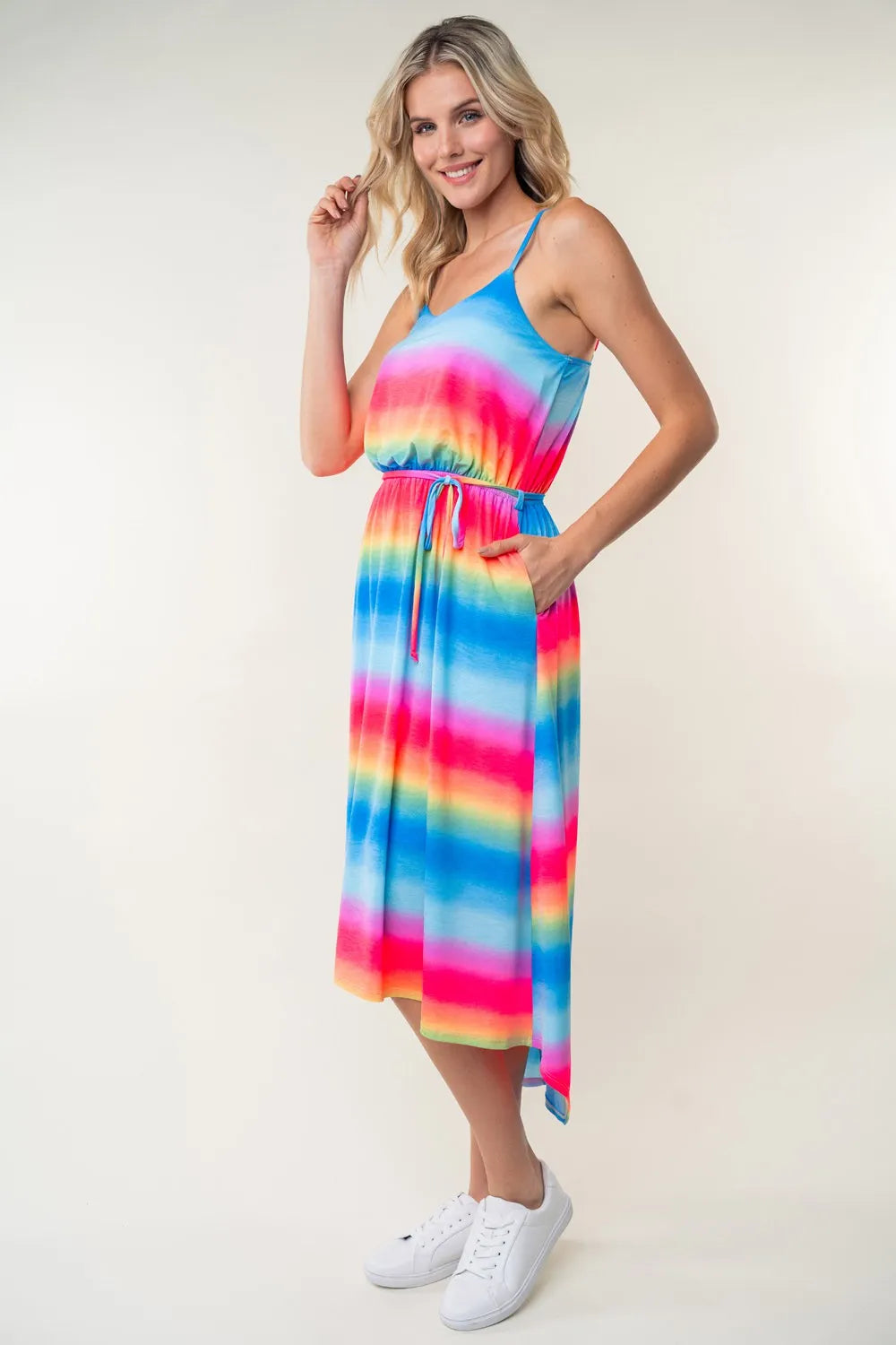 Image of White Birch Full Size Ombre Striped Midi Cami Dress | Queeble.shop