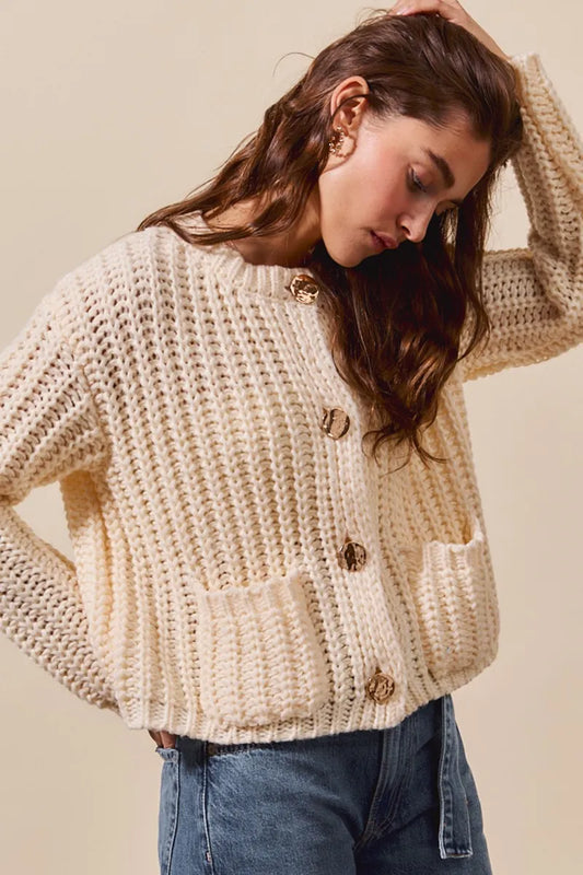 Image of SO ME Metal Button Long Sleeve Chunky Sweater Cardigan | Queeble.shop