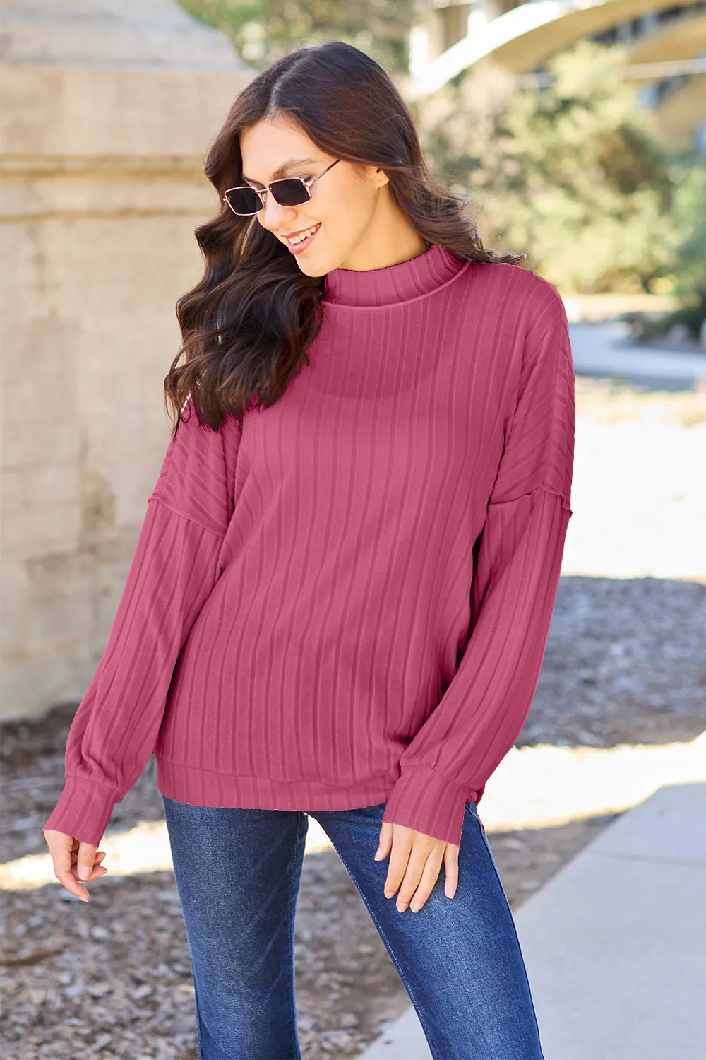 Image of Basic Bae Full Size Ribbed Exposed Seam Mock Neck Knit Top | Queeble.shop