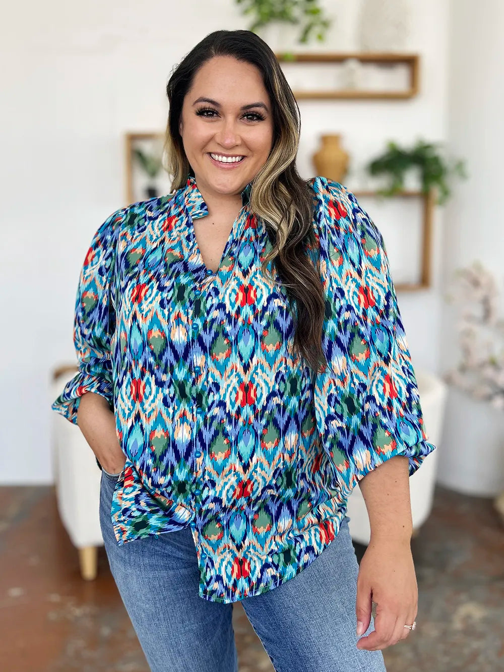 Image of Double Take Full Size Printed Balloon Sleeve Blouse | Queeble.shop
