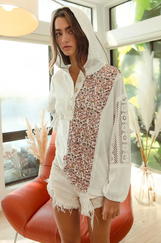 Image of BiBi Slub Jersey with Lace Combo Buttoned Hoodie Top | Queeble.shop