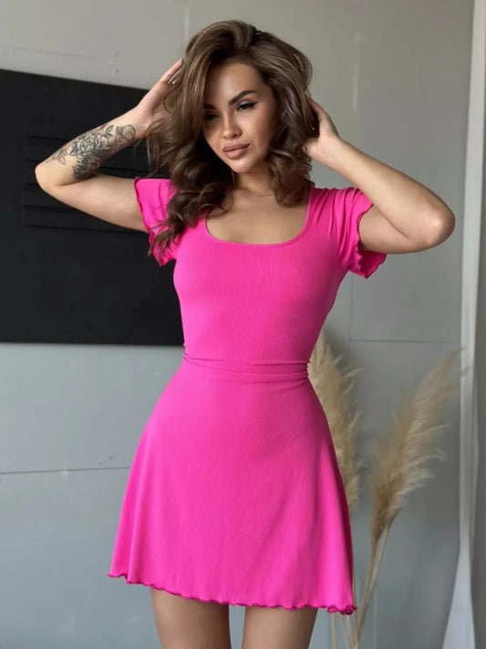 Image of Ribbed Back Lace Up Short Sleeve Mini Dress | Queeble.shop